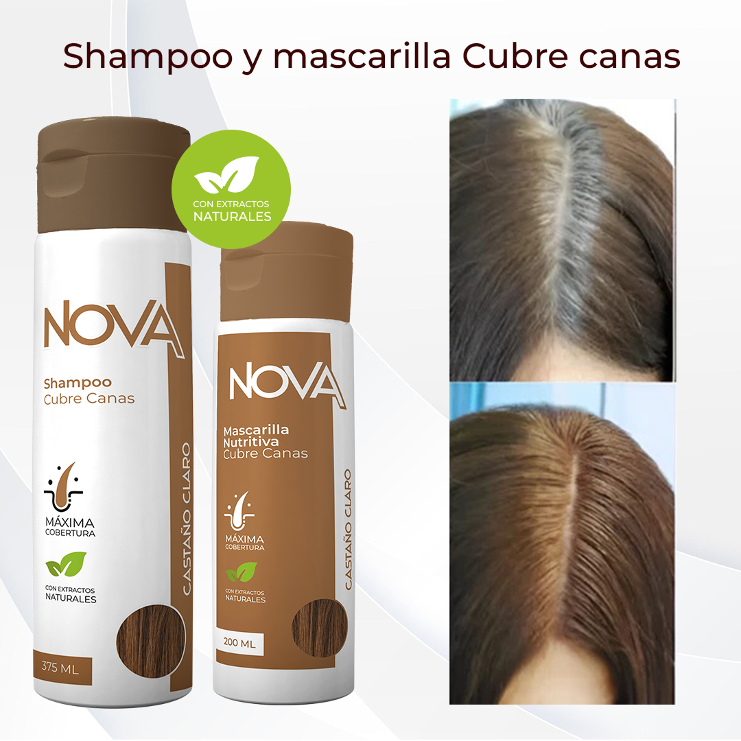 Shampoo y mascarilla NOVA con raíz antes y después